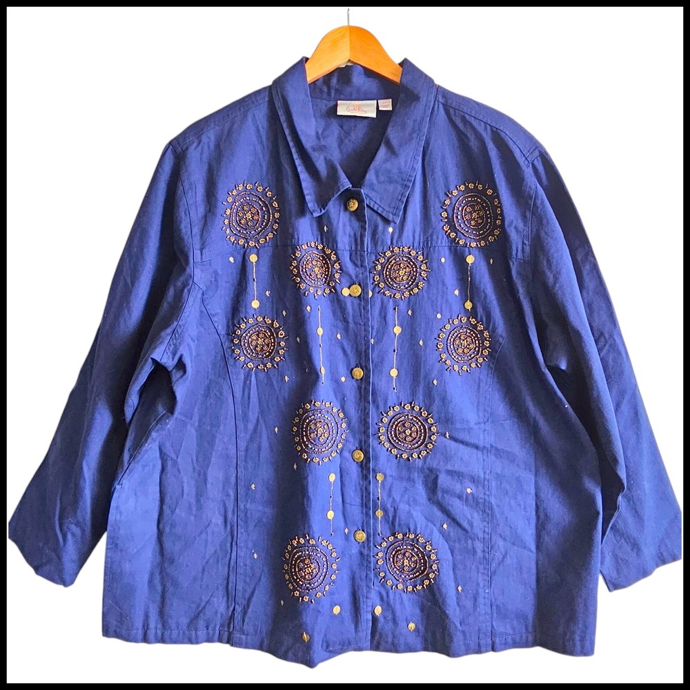 Quacker Factory Embroidered Button‎ Down Top Beaded Embellished Jacket Plus 2X